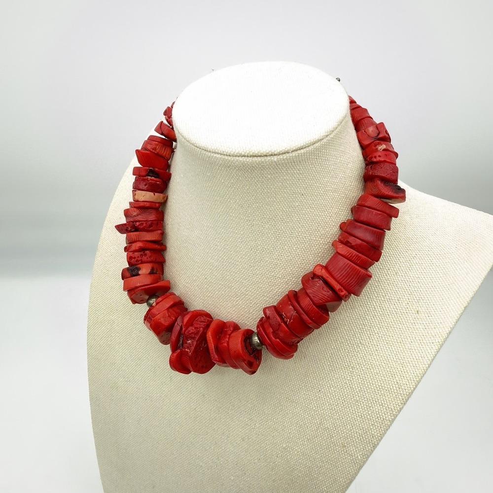 Vtg Sterling Silver‎ Large Chunk Ox Blood Coral Bead Necklace Statement 205 Gr